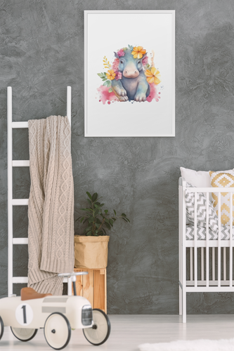 Wall Art Kids Room Decor - Watercolor Hippo & Flowers - Digital Download - Miss A Beauty