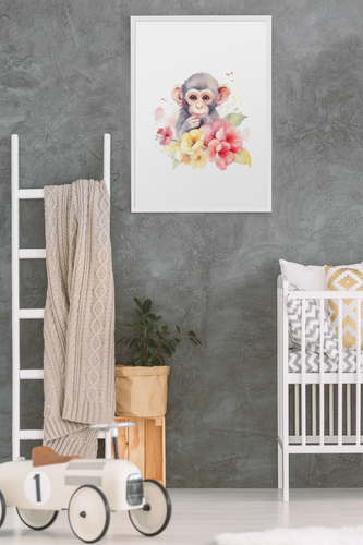 Wall Art Kids Room Decor - Watercolor Monkey & Flowers - Digital Download - Miss A Beauty