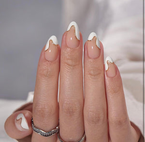 Press On Nails - Almond Nude and White Design - Miss A Beauty