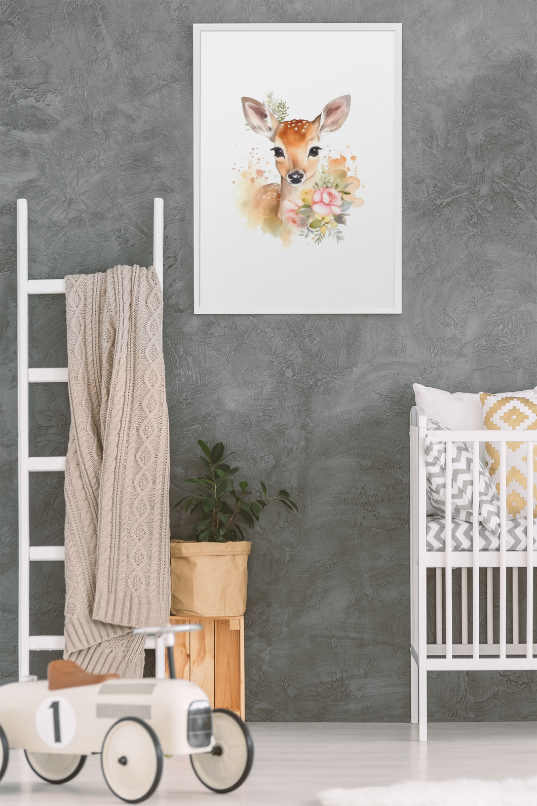 Wall Art Kids Room Decor - Watercolor Cute Bambi Deer & Flowers - Digital Download - Miss A Beauty