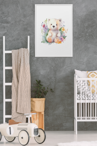 Wall Art Kids Room Decor - Watercolor Cute Polar Bear & Flowers - Digital Download - Miss A Beauty